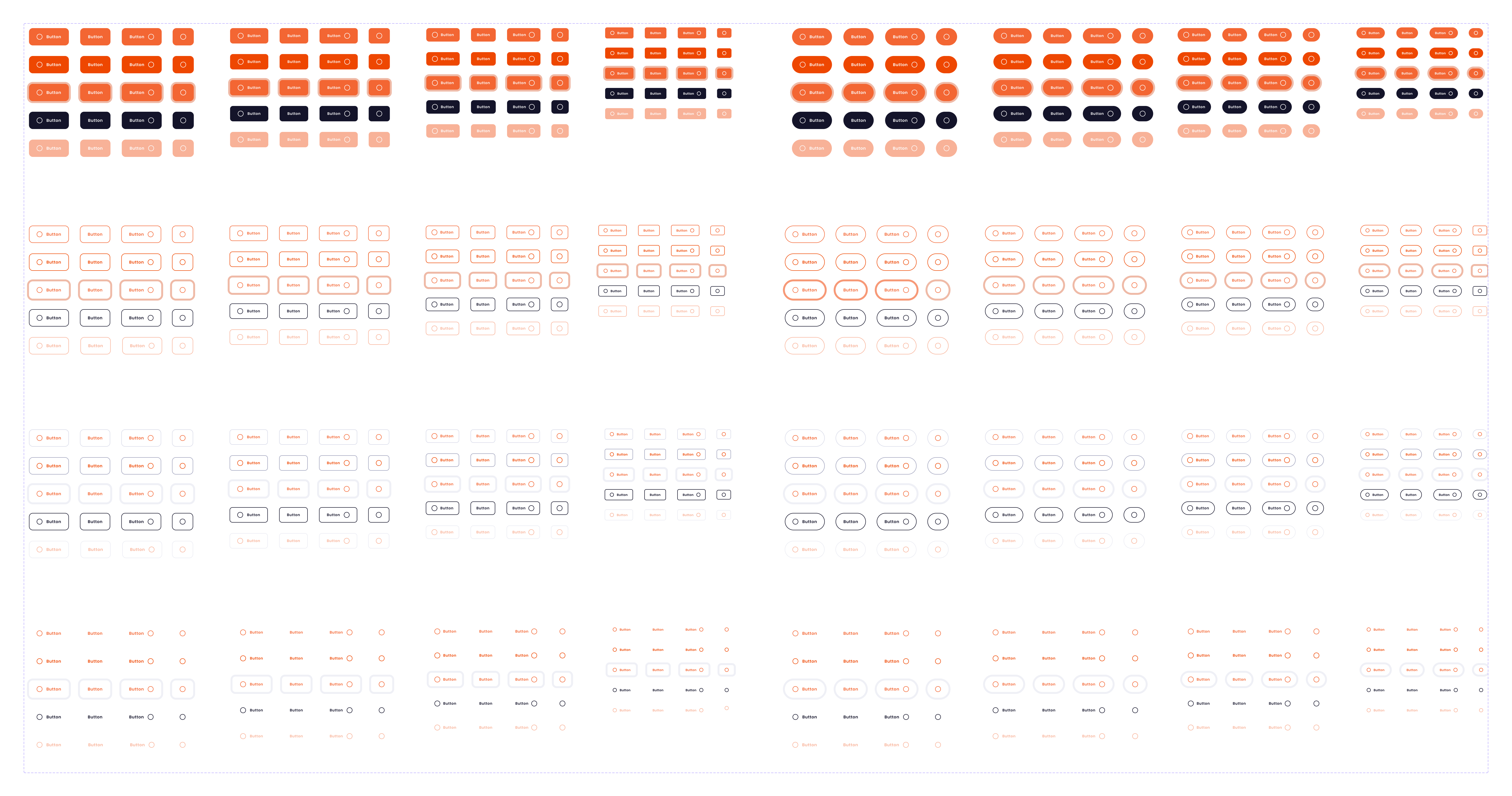 The button matrix from the Desaparecido design system: every variant, size and state, from default through hover, focus and disabled