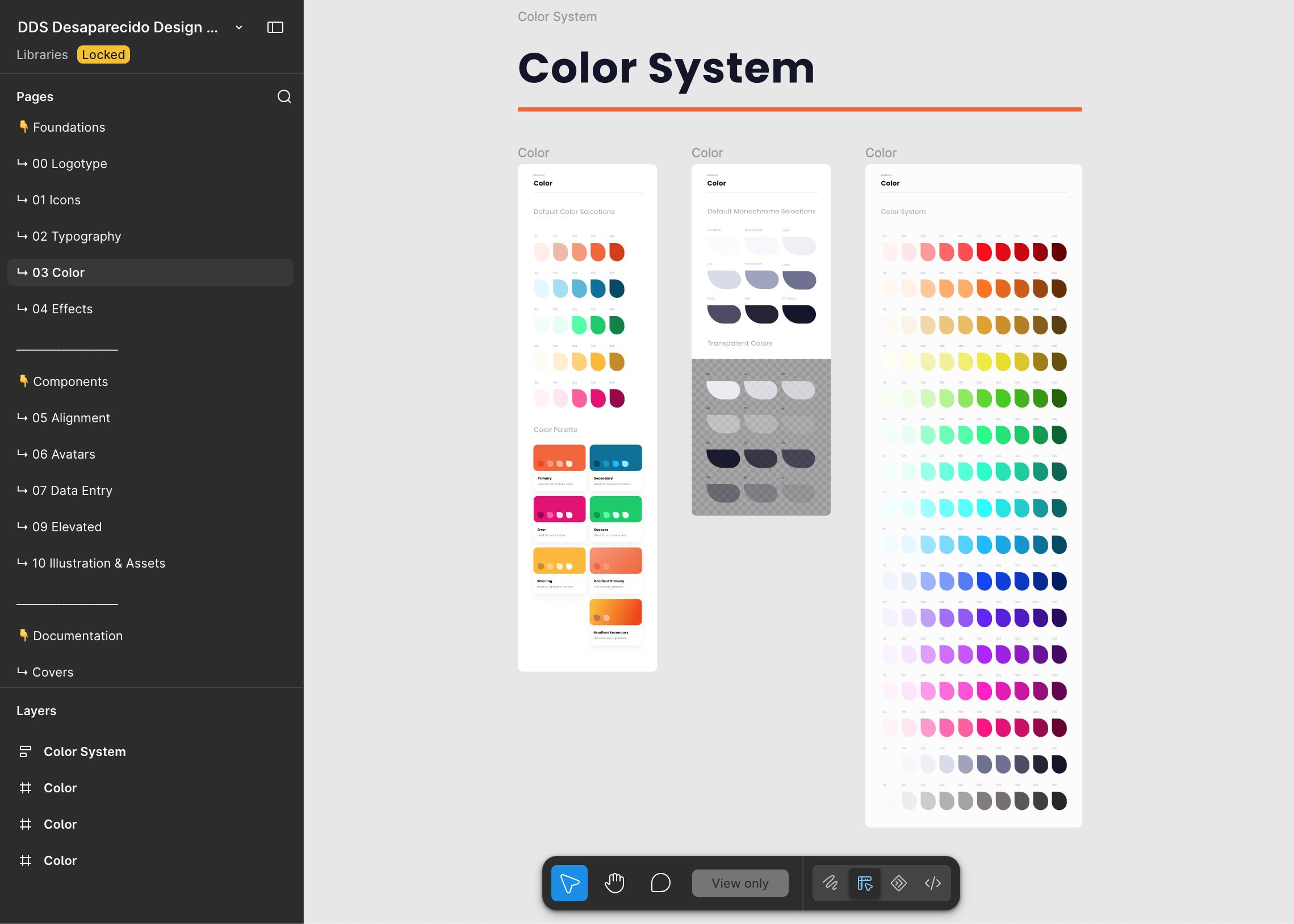 The color system: tonal ramps including the green success, amber warning and red error scales