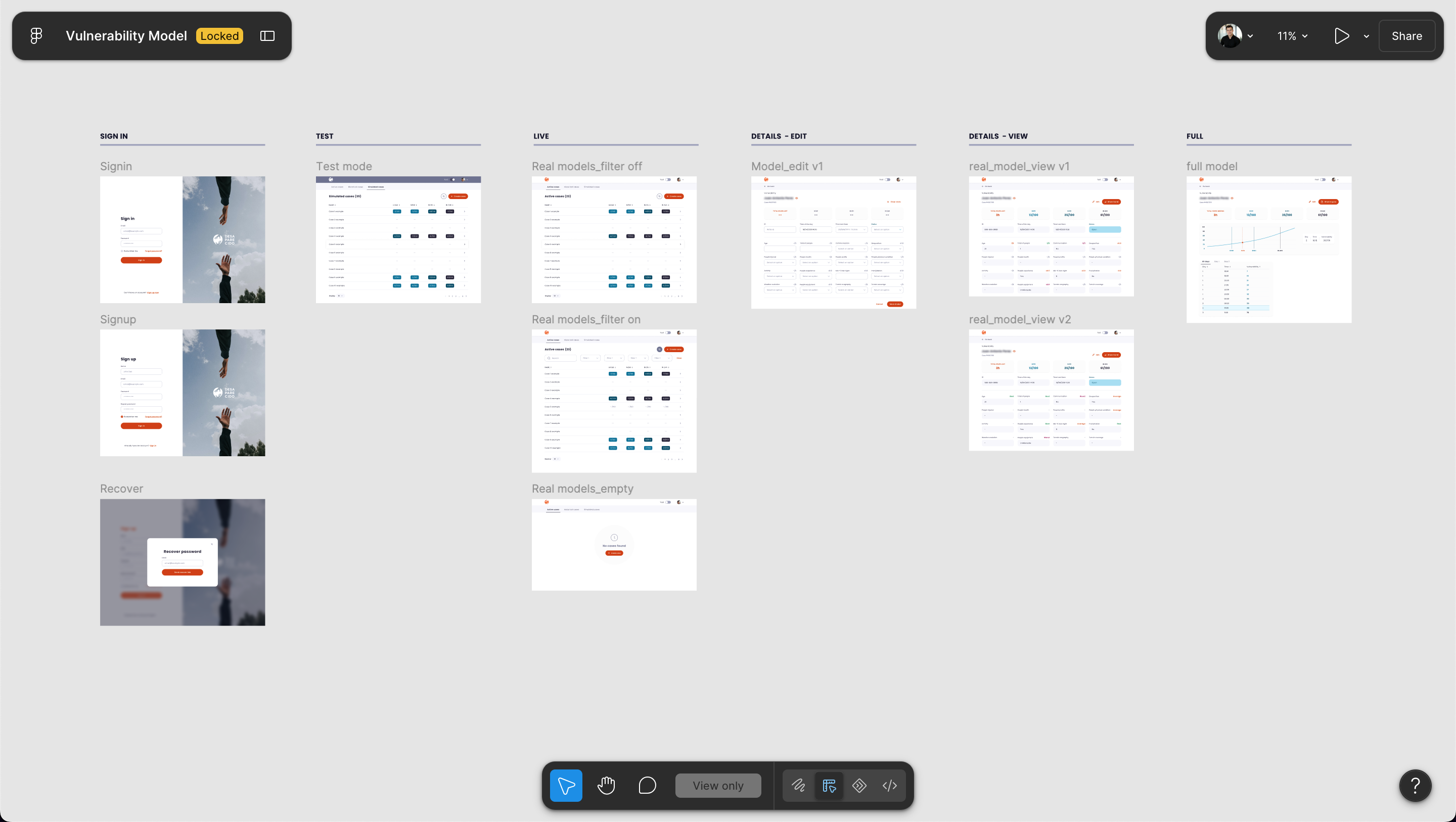 Figma canvas mapping every product state: sign-in, sign-up, recovery, test mode, live with and without filters, empty, edit and detail views