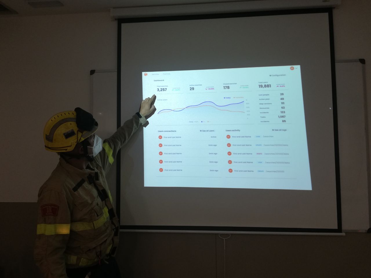 A firefighter in full gear reviewing the projected dashboard during a field test