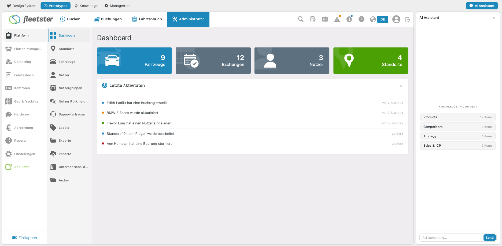 fleetster enterprise dashboard with live fleet metrics and assistant sidebar