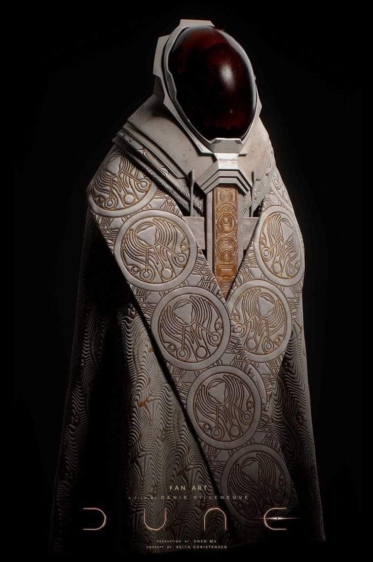 Dune fan-art poster, robed figure in engraved armor
