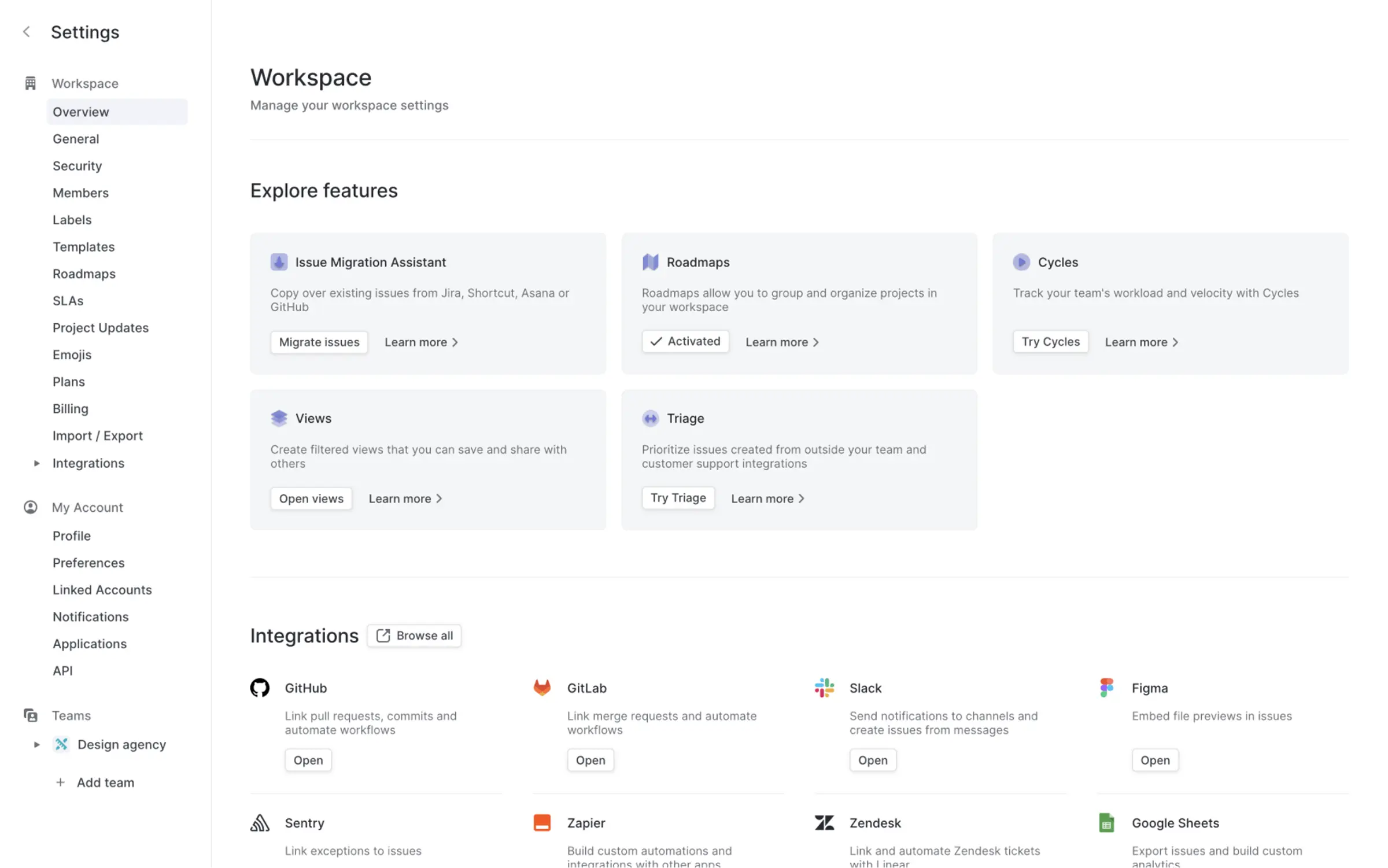 Linear — Workspace settings & integrations