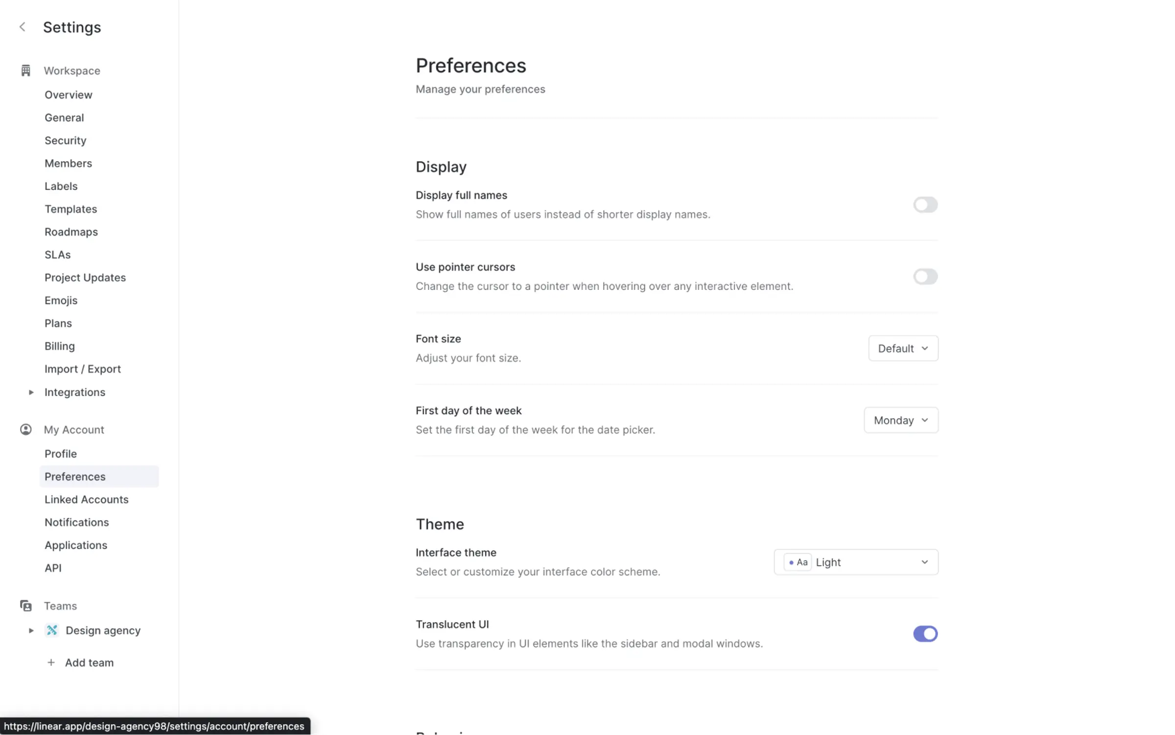 Linear — Preferences settings