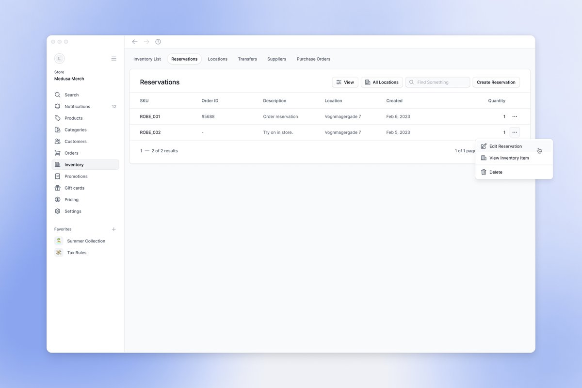 Medusa admin — inventory reservations