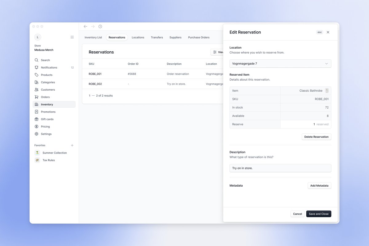 Medusa admin — Edit Reservation panel