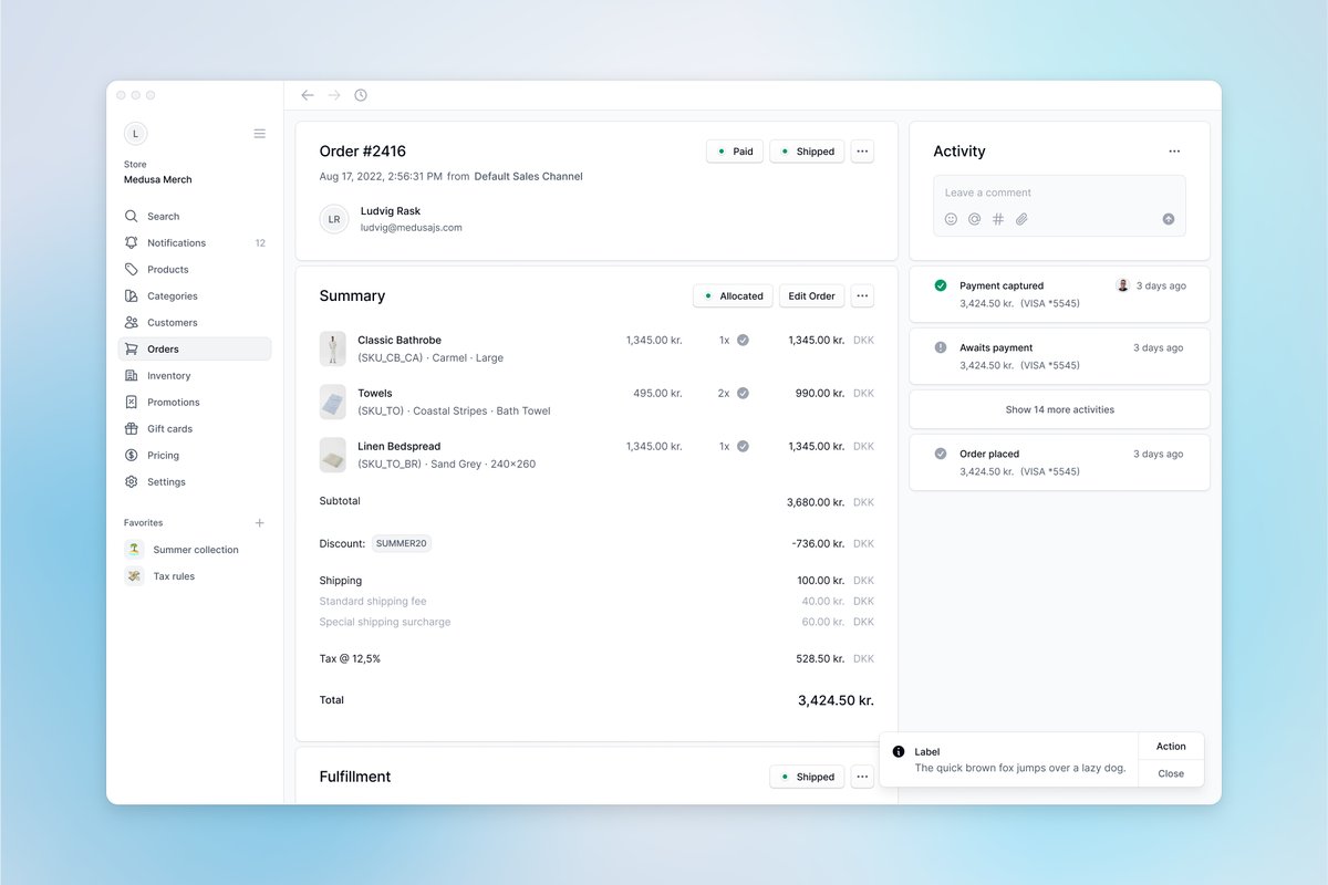 Medusa admin, order detail