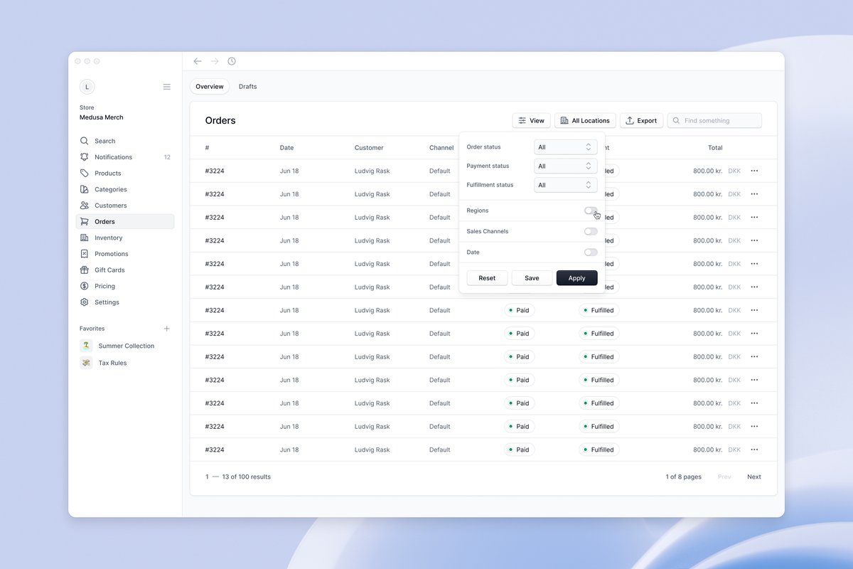 Commerce orders table with filter popover