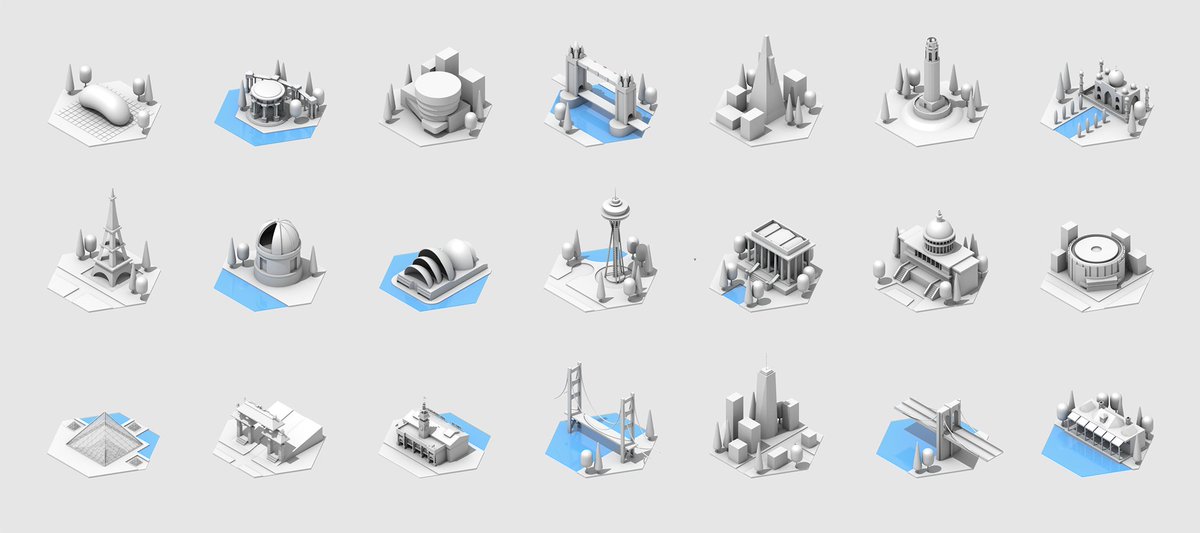 Isometric world landmarks, clay render set