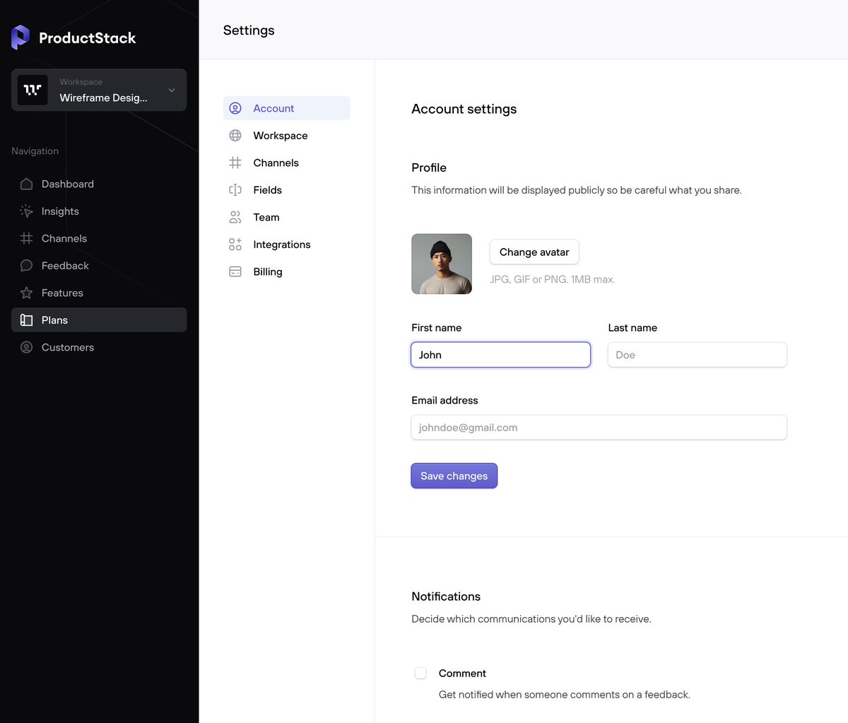 ProductStack, account settings