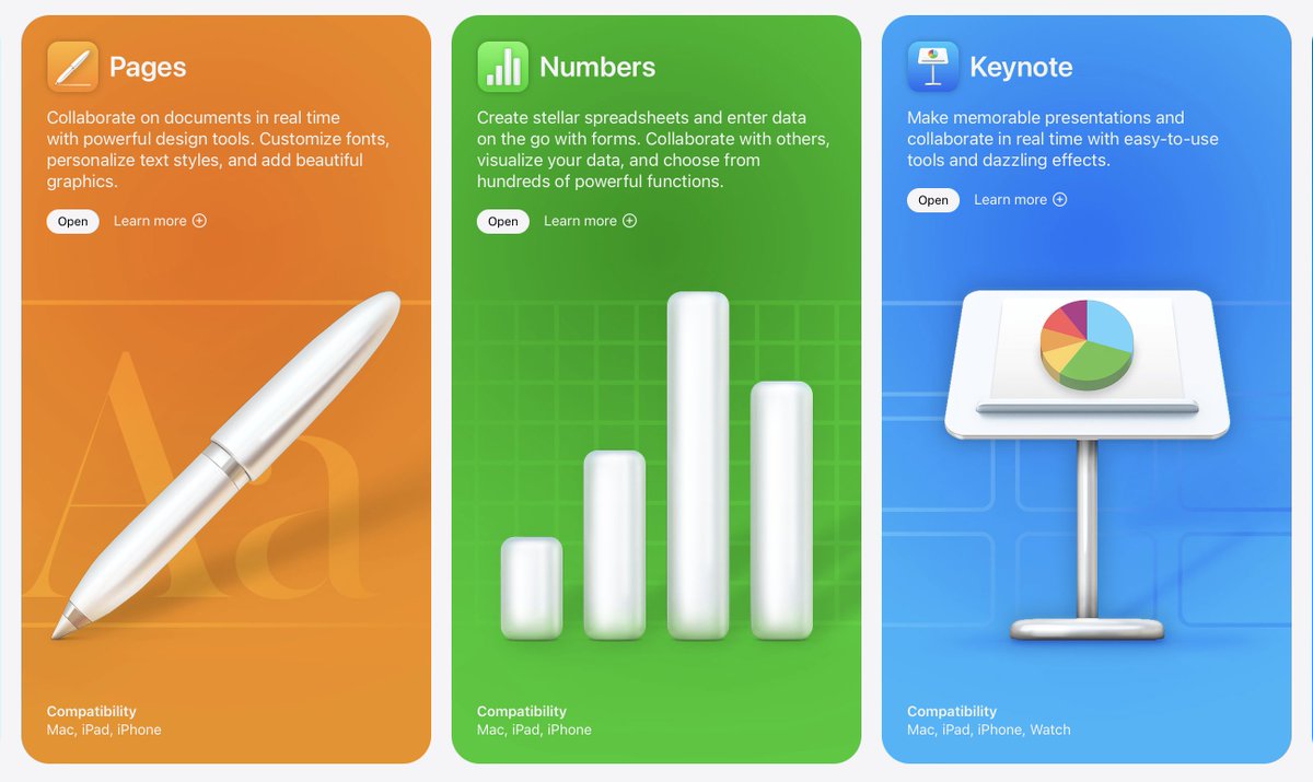 iWork app cards: Pages, Numbers, Keynote