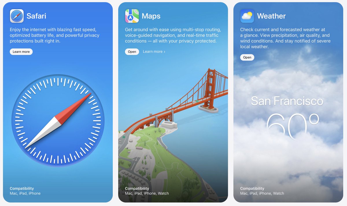 Apple app cards — Safari, Maps, Weather