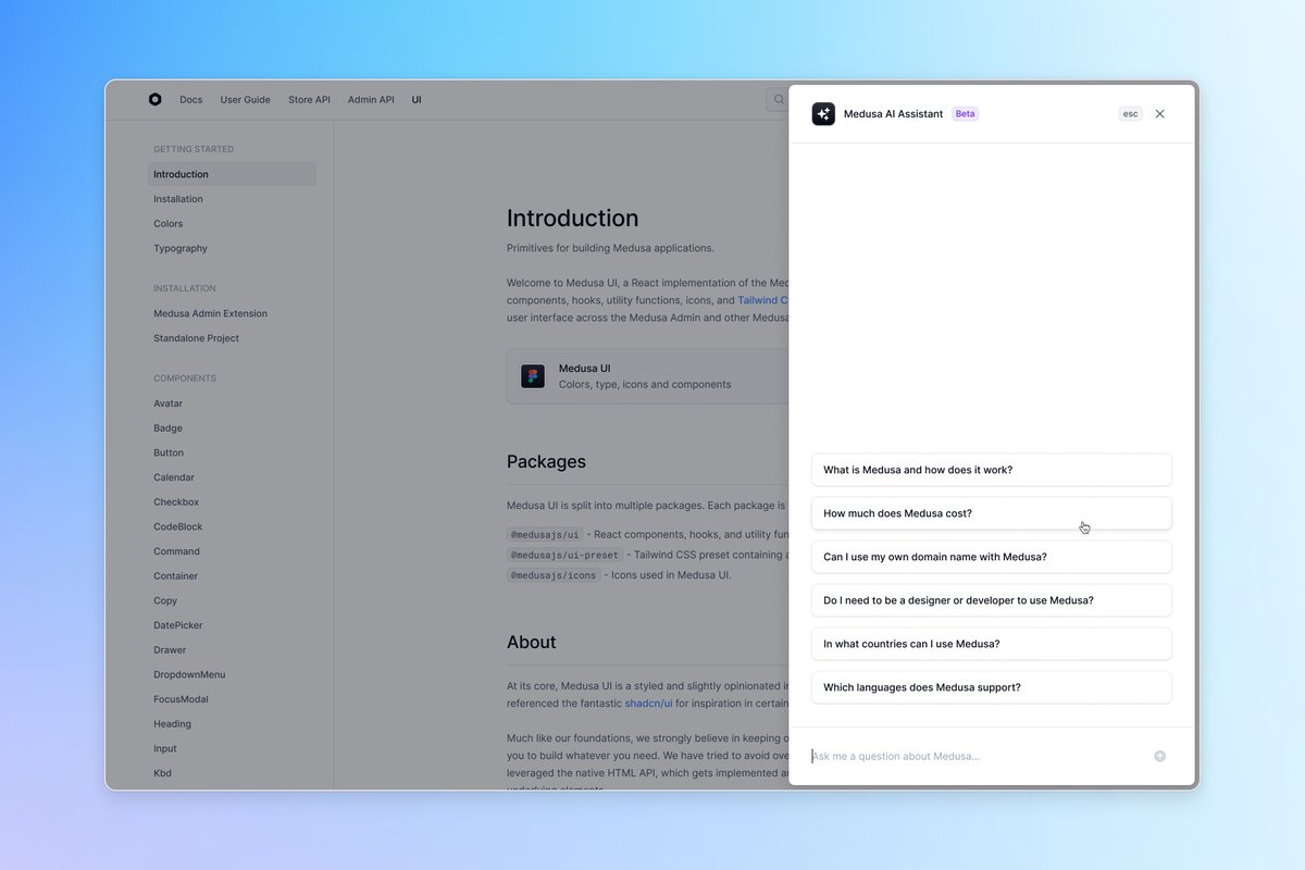 Medusa UI docs with AI assistant