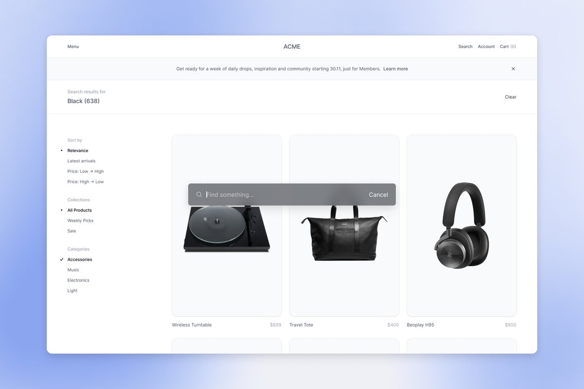 E-commerce search overlay