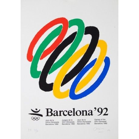 Barcelona '92 Olympic rings, brushstroke poster