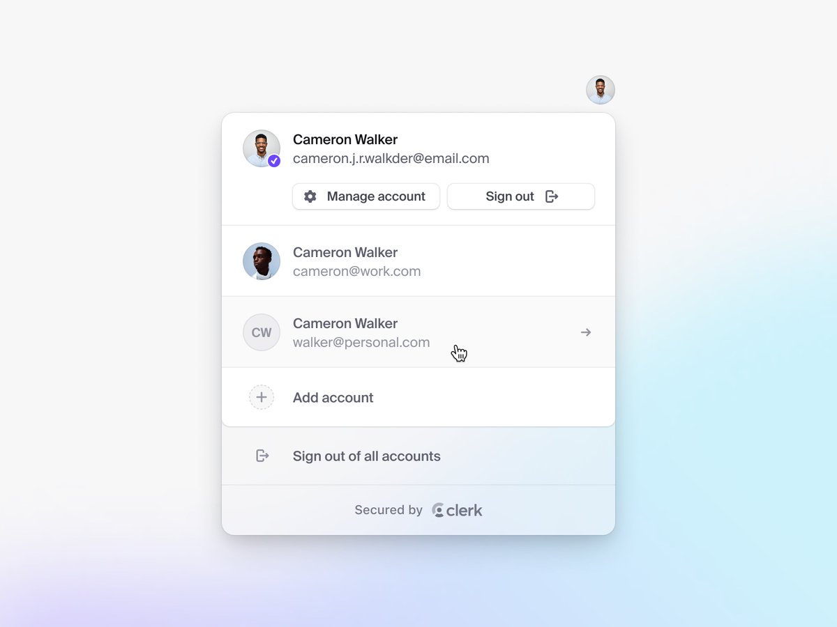 Clerk account switcher popover