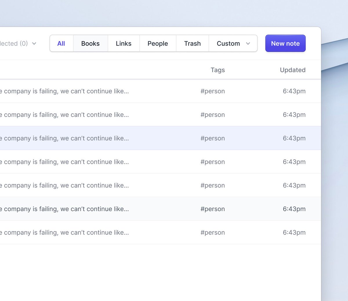 Notes app — filtered list view