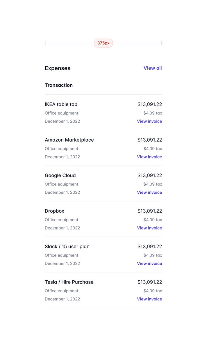 Expenses list, mobile width