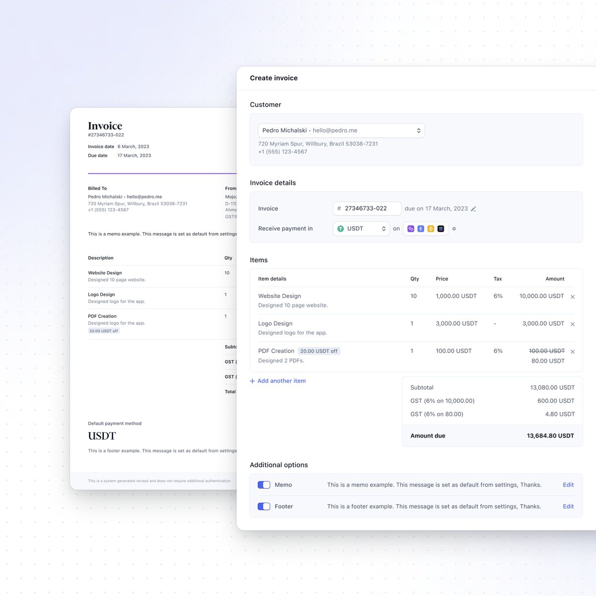 Crypto invoice builder, USDT