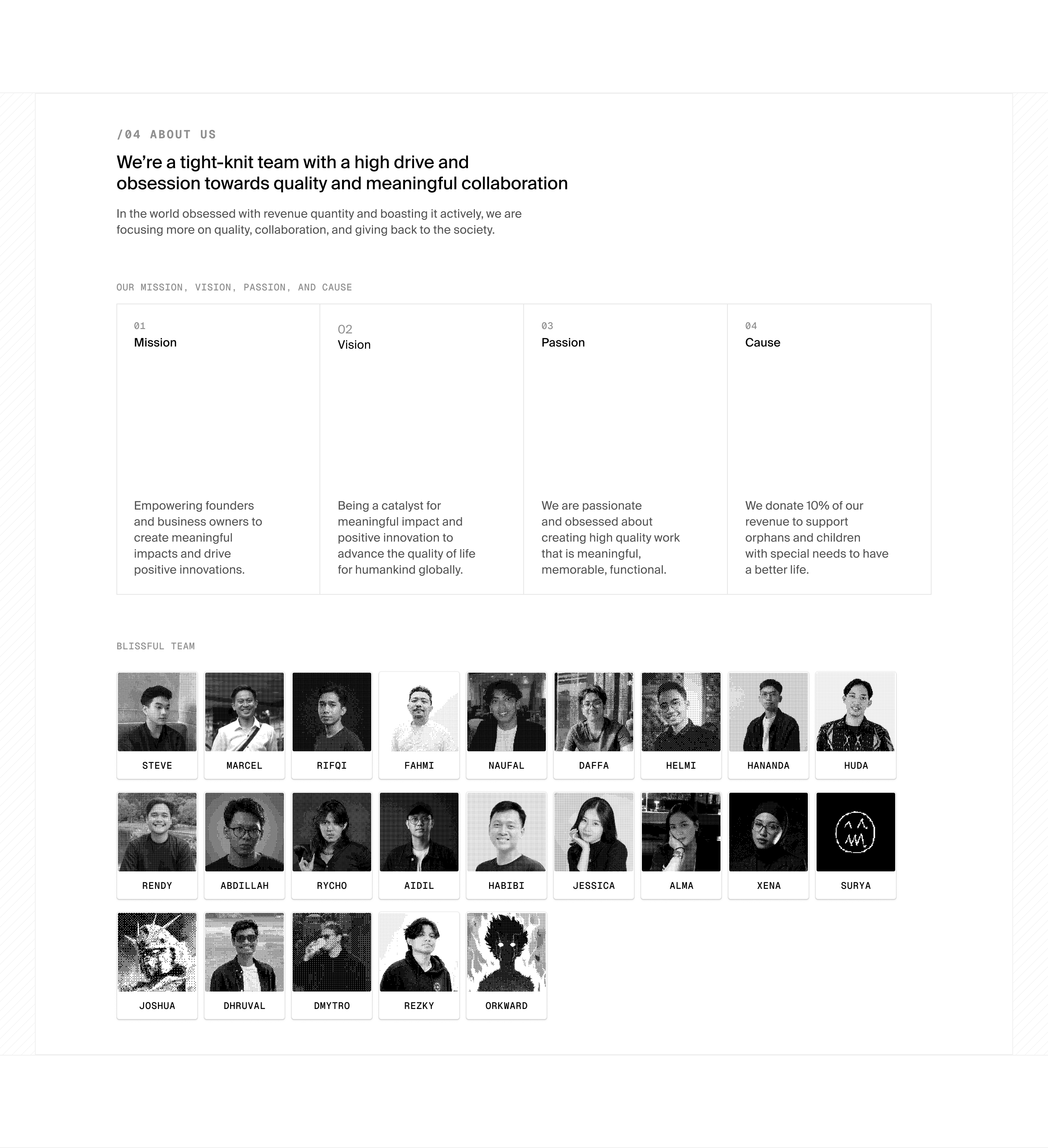 Studio about page, halftone team grid