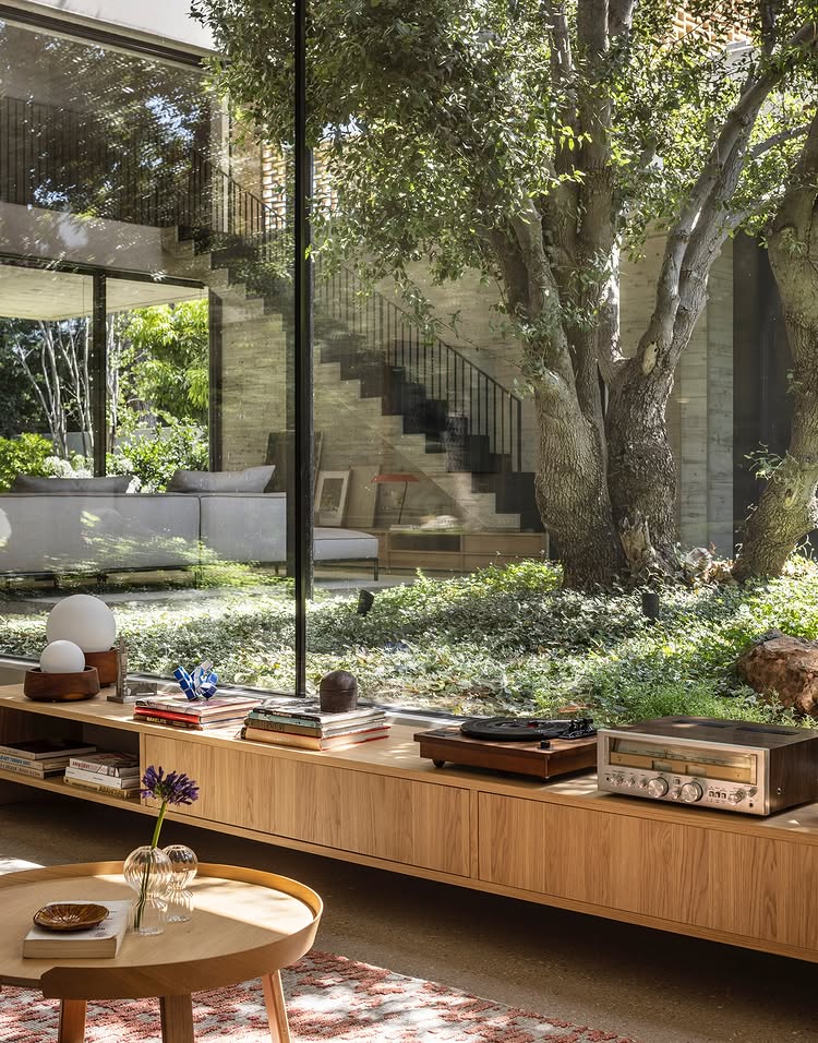 Courtyard living room, record console
