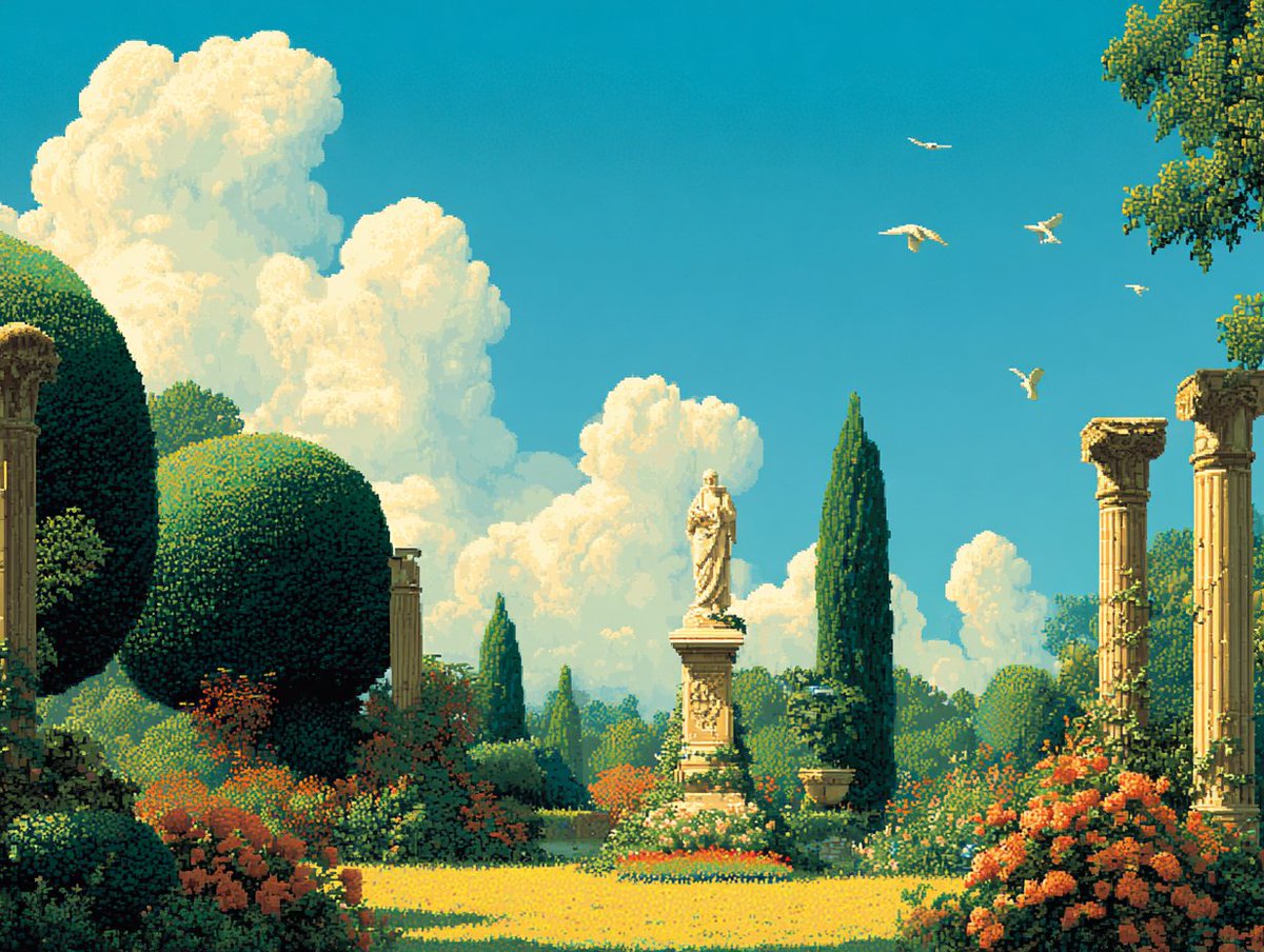 Classical garden, pixel-art landscape