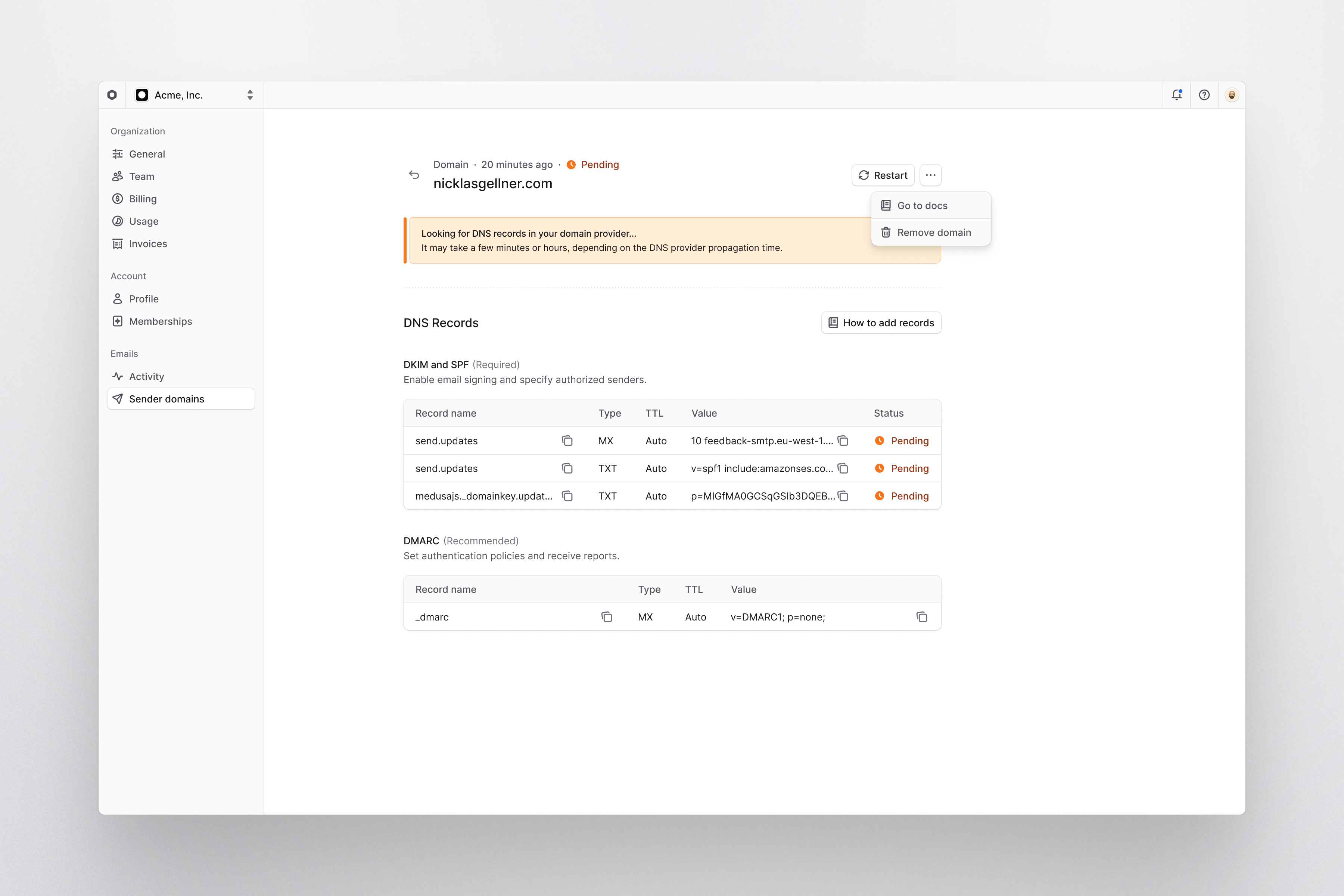Sender-domain DNS settings