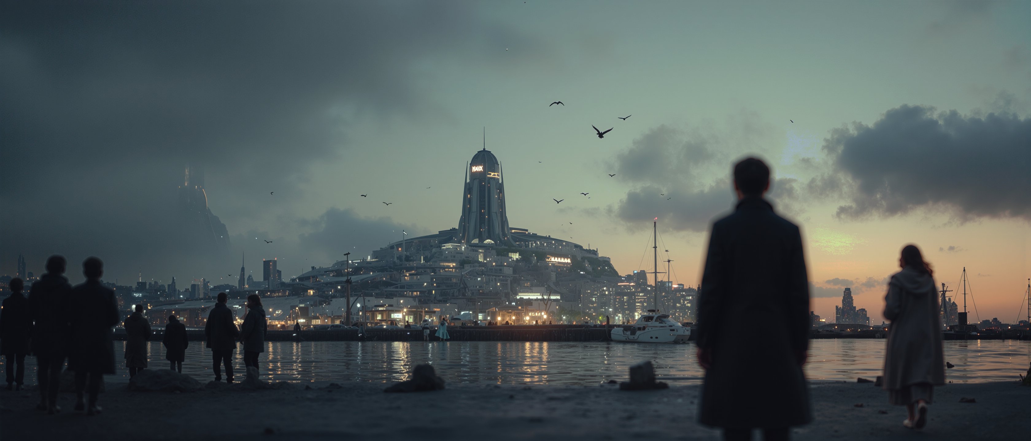 Dusk harbor with figures and spire