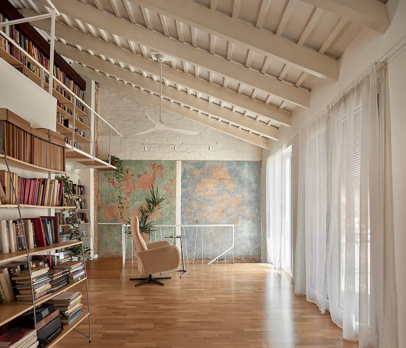 Attic library, patina wall