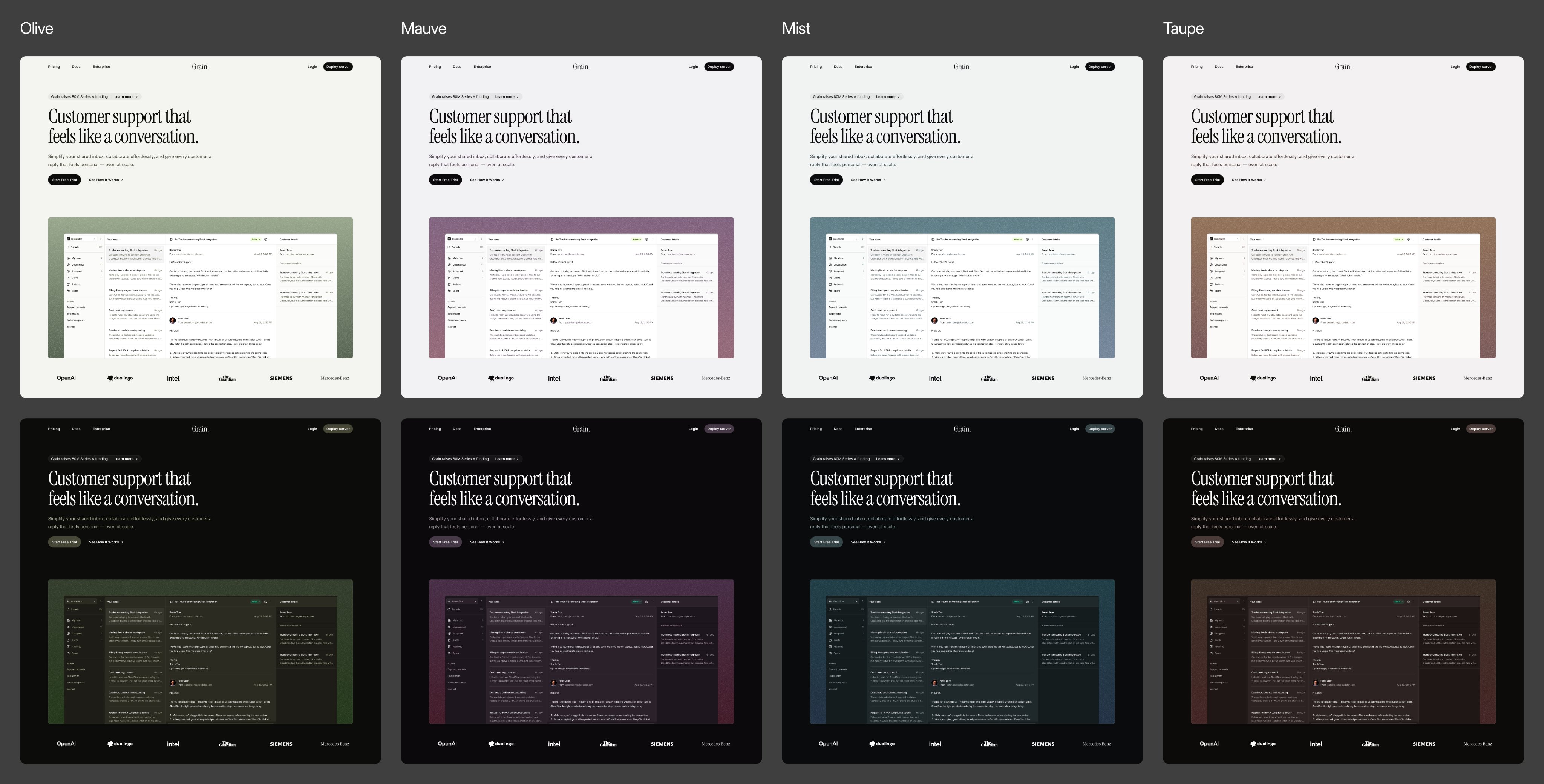 Grain landing page, eight color themes