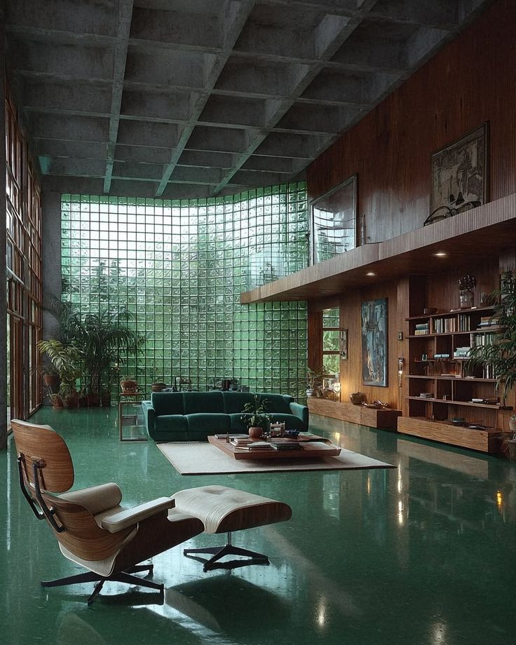 Green terrazzo lounge, glass block wall