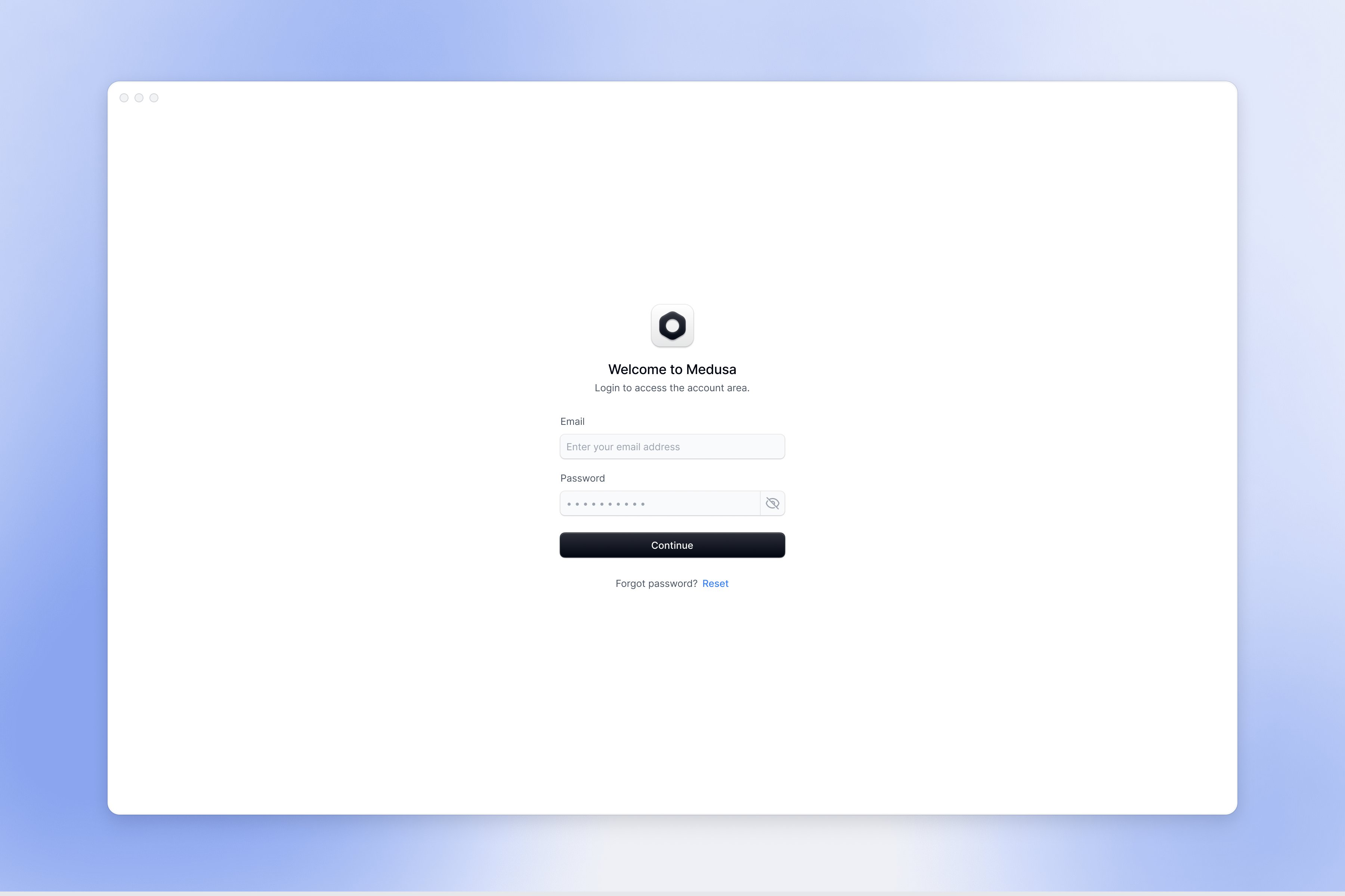 Medusa admin login screen