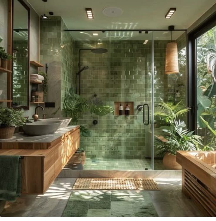Green-tiled bathroom, jungle glazing