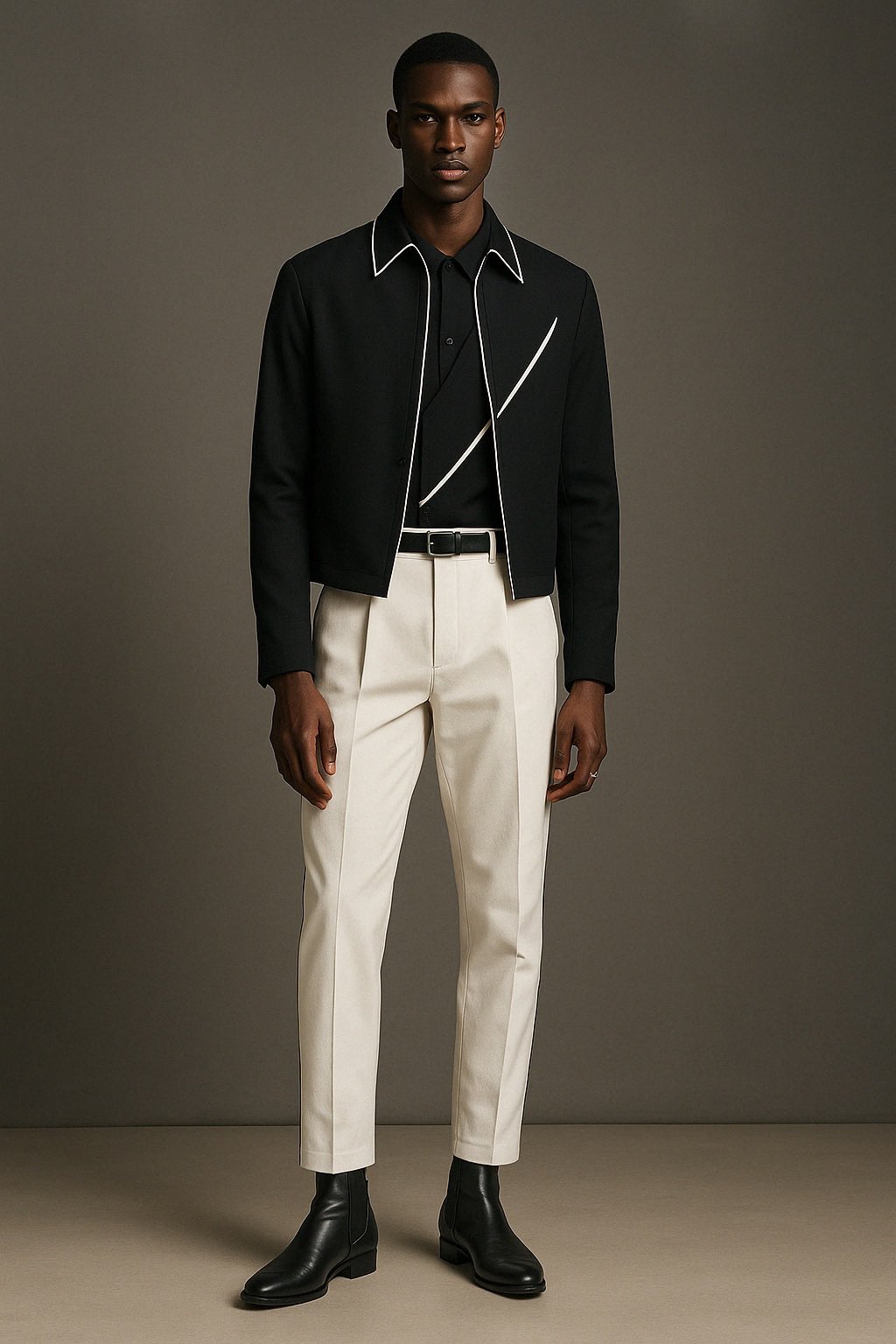 Piped-collar jacket, monochrome tailoring