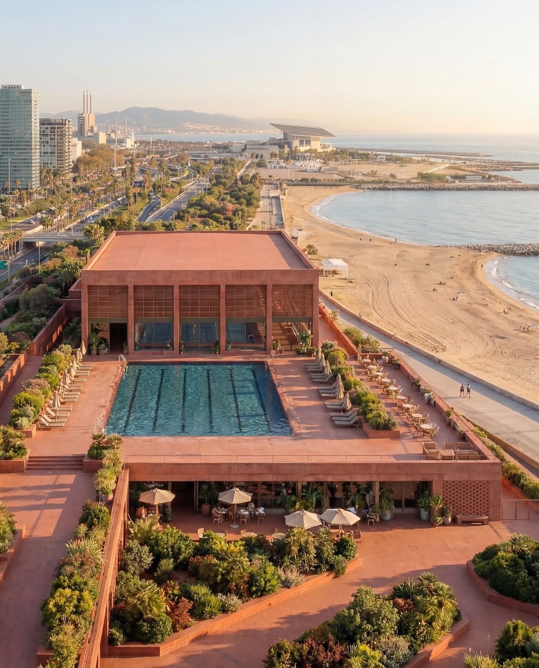 Terracotta seafront pool pavilion