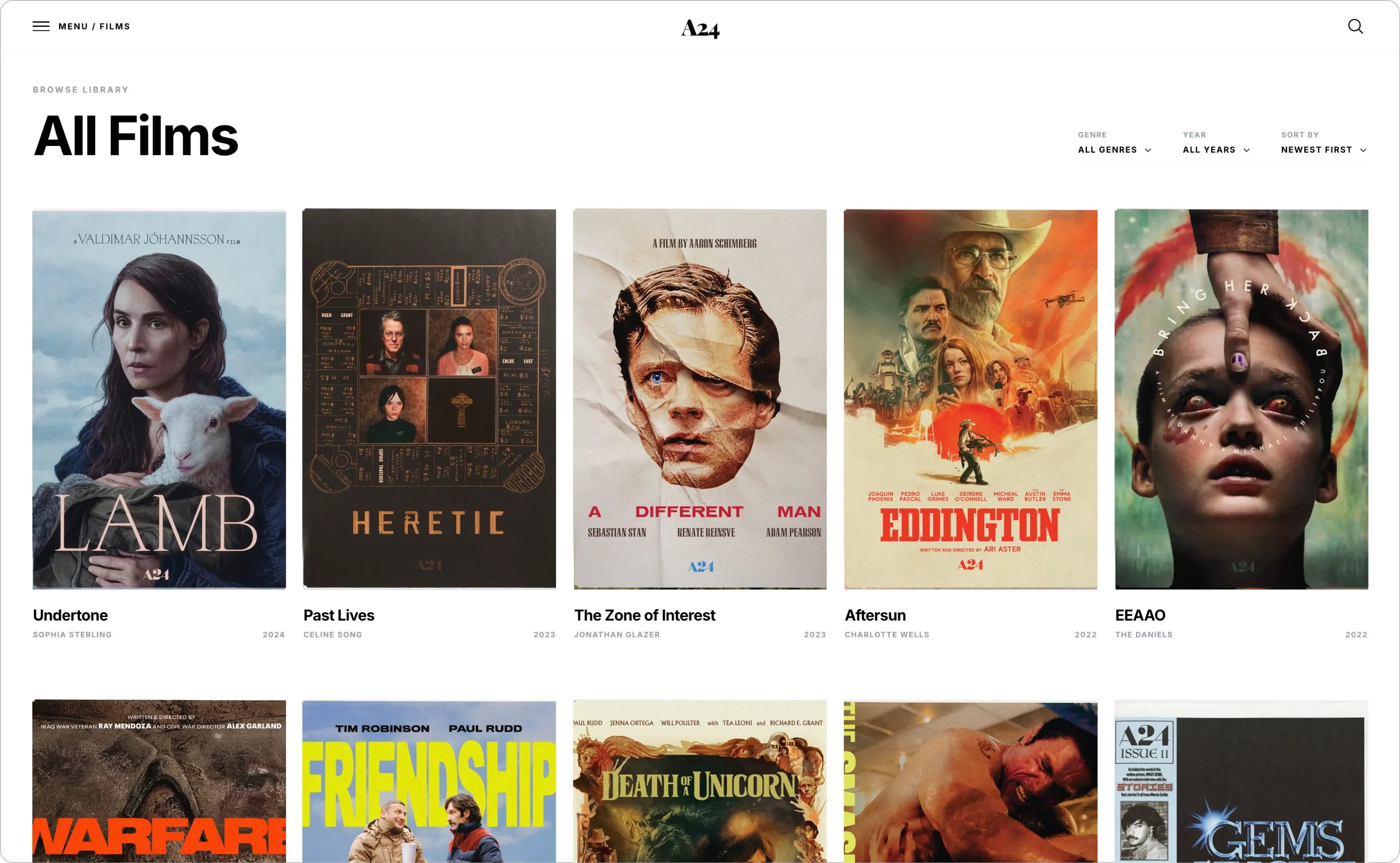 A24 film library browse page