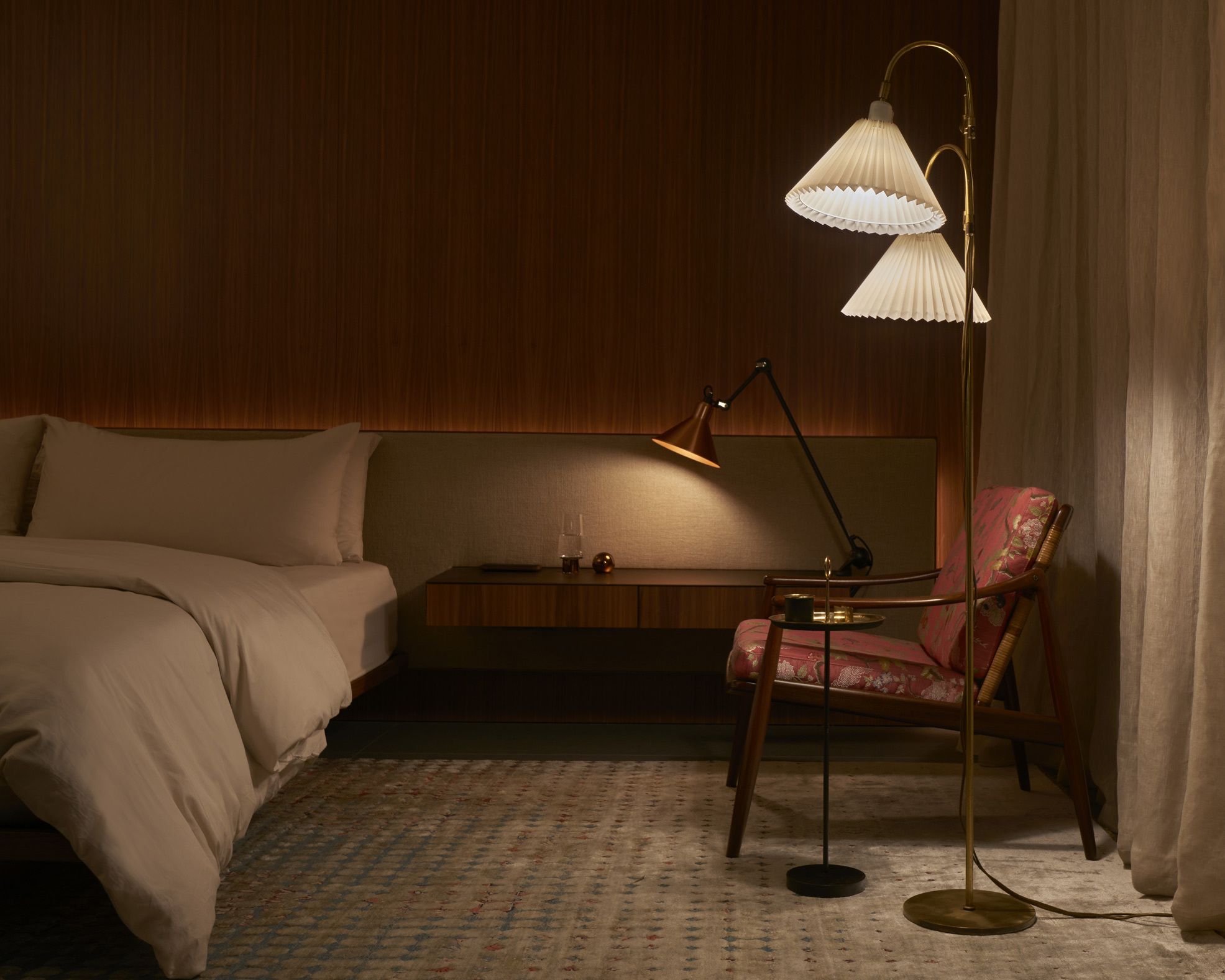 Bedroom corner, pleated floor lamp