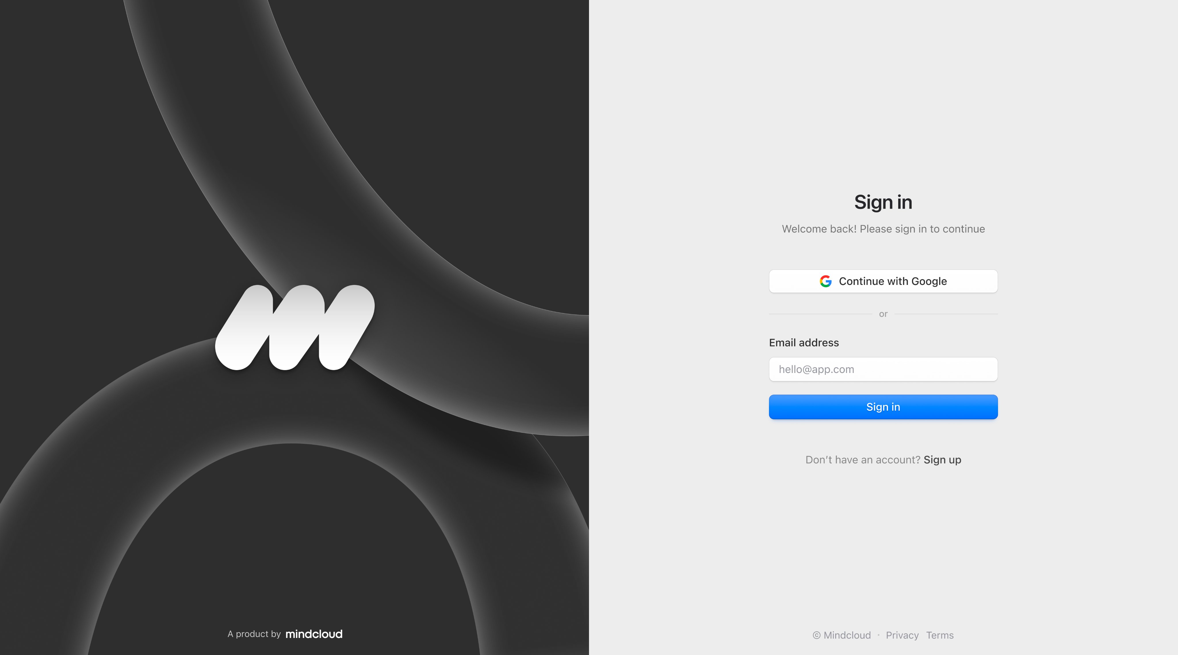 Mindcloud split sign-in screen