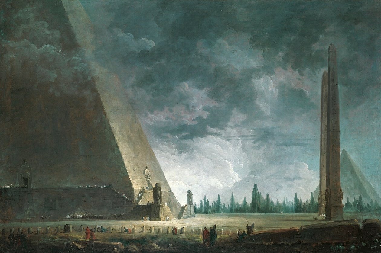 Great pyramid & obelisk, stormy sky
