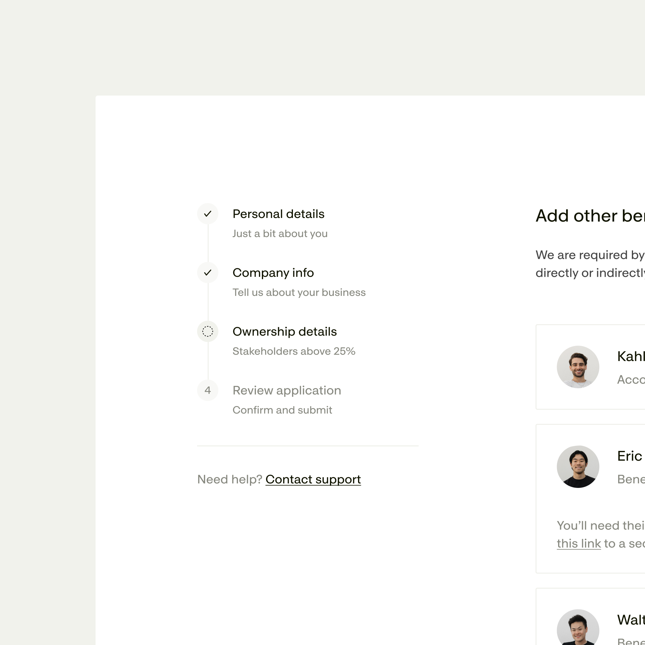 Onboarding stepper, contact footer