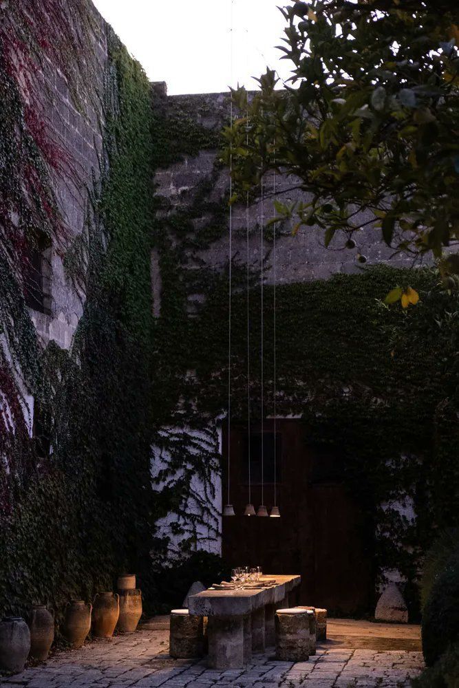 Ivy courtyard, pendant lights