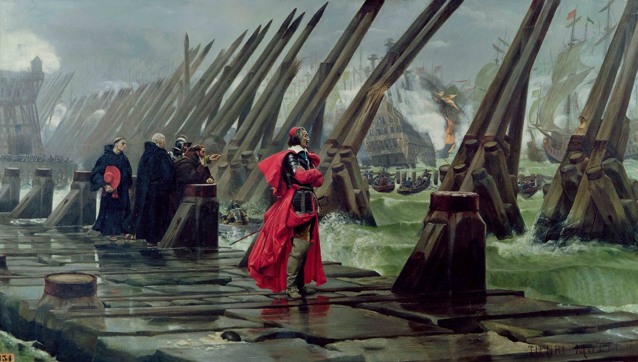 The seawall siege, red-cloaked figure