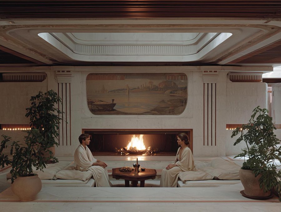 Symmetrical marble lounge, fireplace