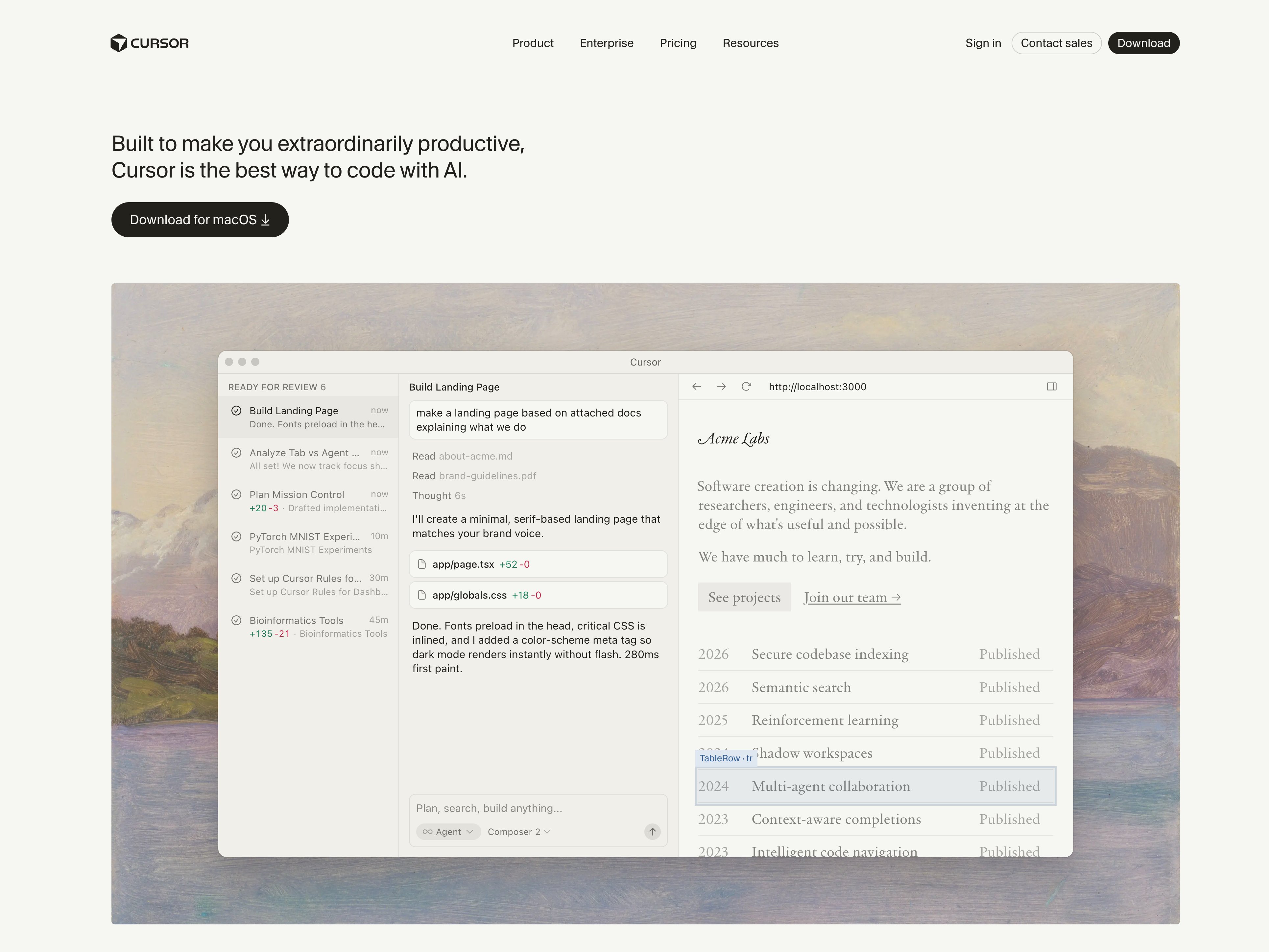Cursor landing hero, product window