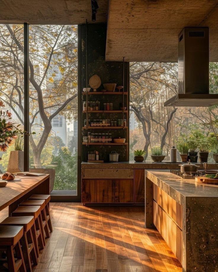 Autumn-lit kitchen, wood & stone
