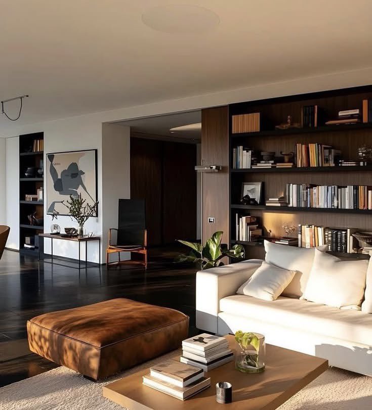 Warm living room, built-in library