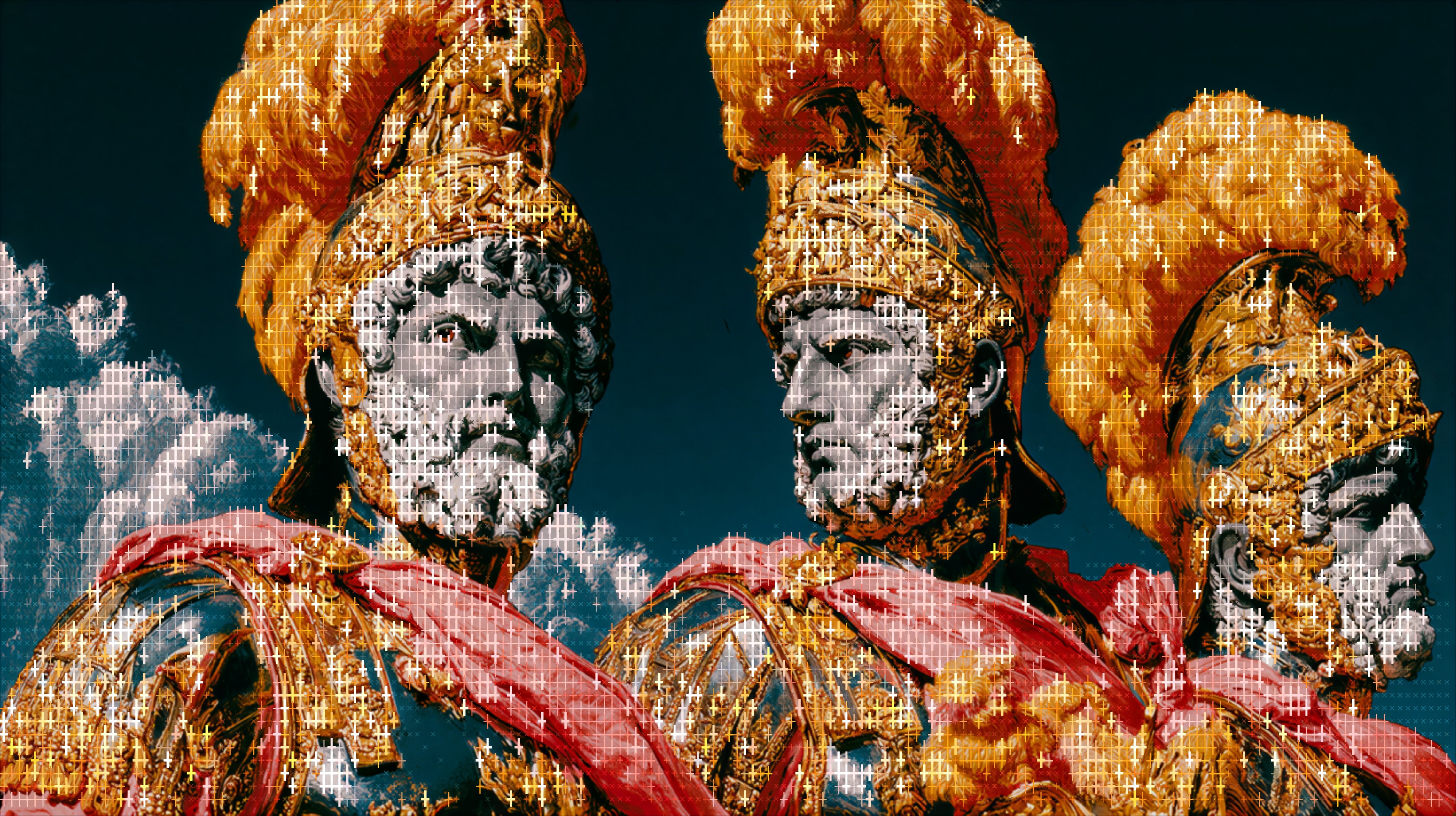 Beaded portrait, plumed Roman generals