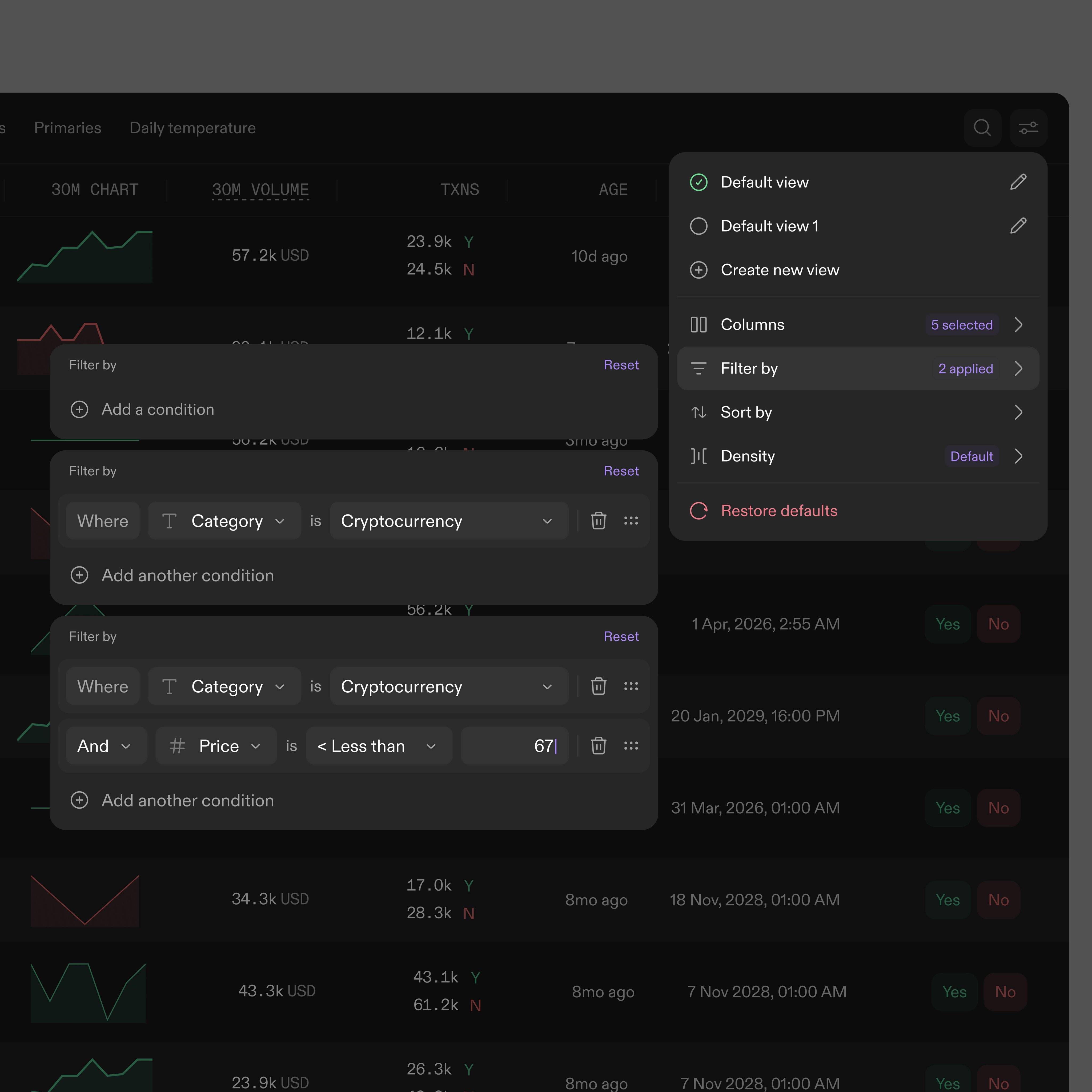 Dark data table, filter menus