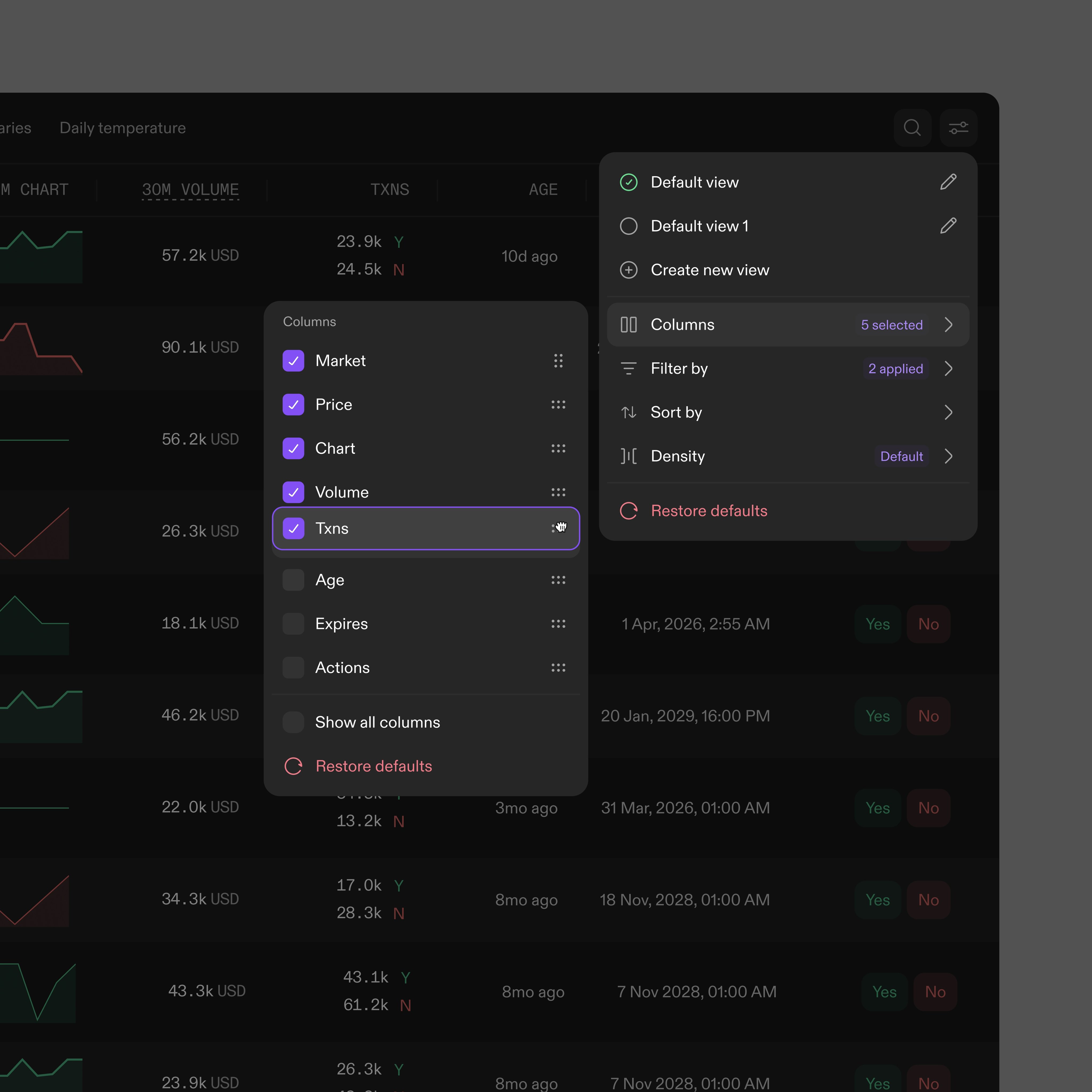 Dark table, column-picker overlay