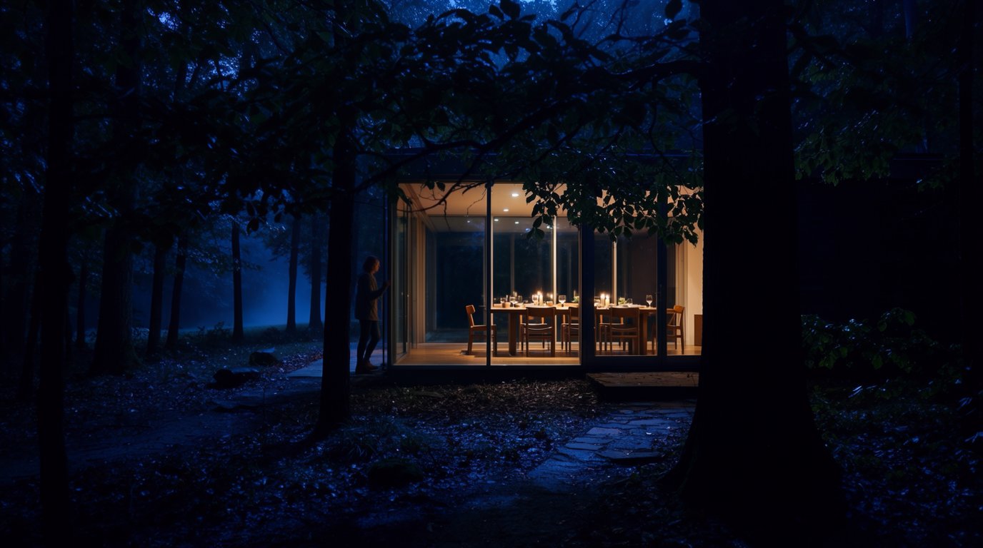 Glass dining pavilion, night forest